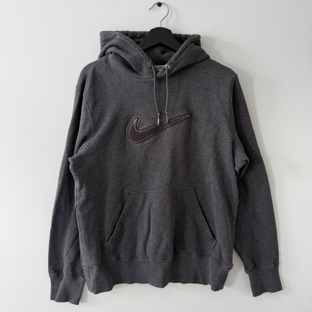 Nike Mens Center Swoosh Raised Hoodie Charcoal Heather Grey Pullover 446569 M